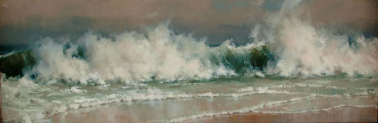 wave crashing on sand - example of Cindy Baron's oil paintings