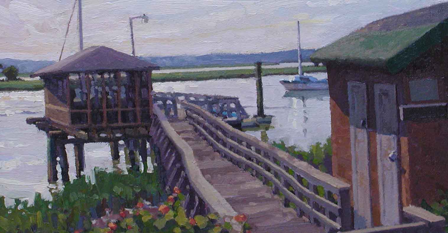 Roert Isley, Walls Fine Art Gallery, oil painting, waterway dock, moored sailboat, intracoastal waterway, inland waterway, Wrightsville Beach